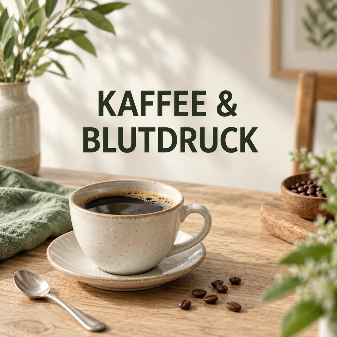 Kaffee Blutdruck: Tasse schwarzer Kaffee mit dem Schriftzug Kaffee & Blutdruck