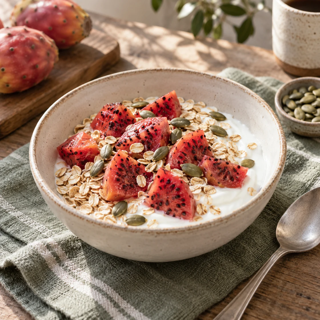 kaktusfeige gesund: Fruchtstücke mit Naturjoghurt, Haferflocken und Kürbiskernen