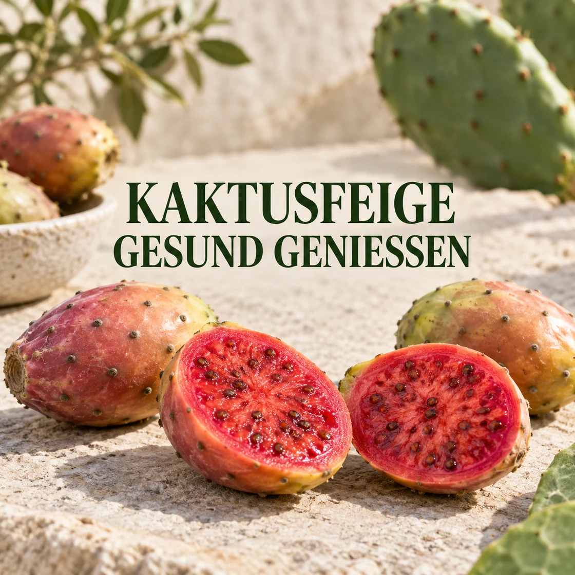 Ganze und halbierte Früchte mit dem Schriftzug KAKTUSFEIGE GESUND GENIESSEN