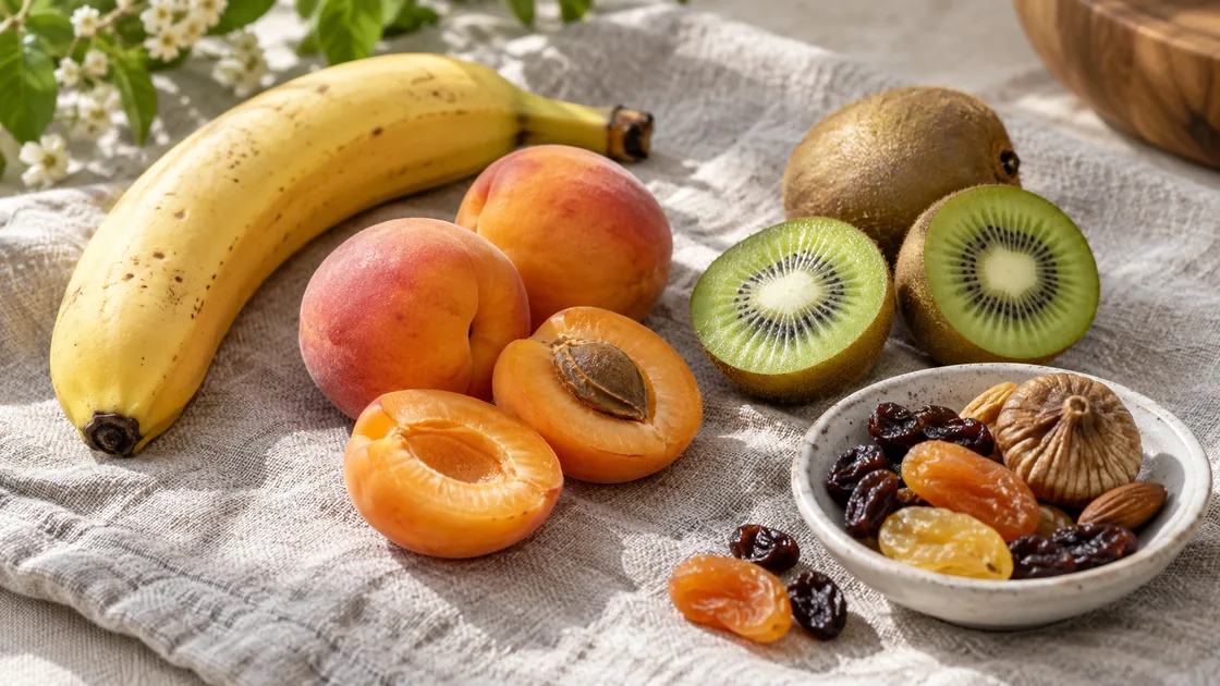 Kaliumreiche Obstsorten: Banane, Kiwi, Aprikosen und kleine Portion Trockenobst
