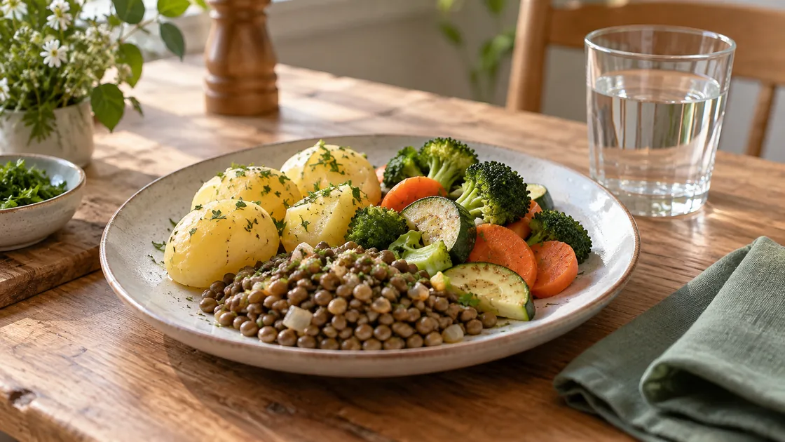 Kaliumreiche Mahlzeit: Kartoffeln, Gemüse und Linsen mit Wasser