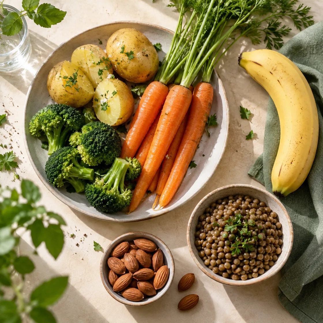 Kaliumreiche Lebensmittel: Kartoffeln, Gemüse, Banane, Linsen und Mandeln