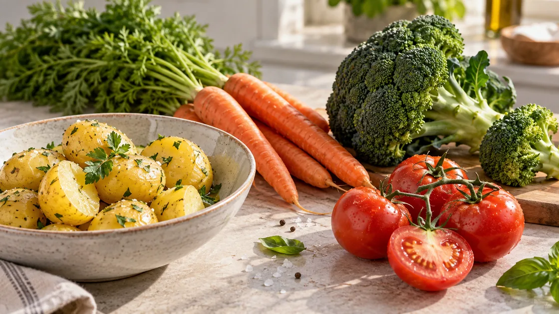 Kaliumreiche Lebensmittel: Kartoffeln, Karotten, Brokkoli und Tomaten