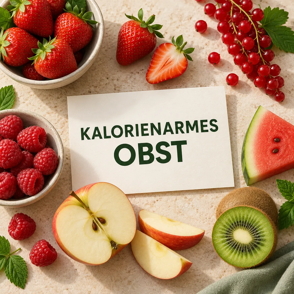 Kalorienarmes Obst: frische Früchte und Titel auf hellem Tisch