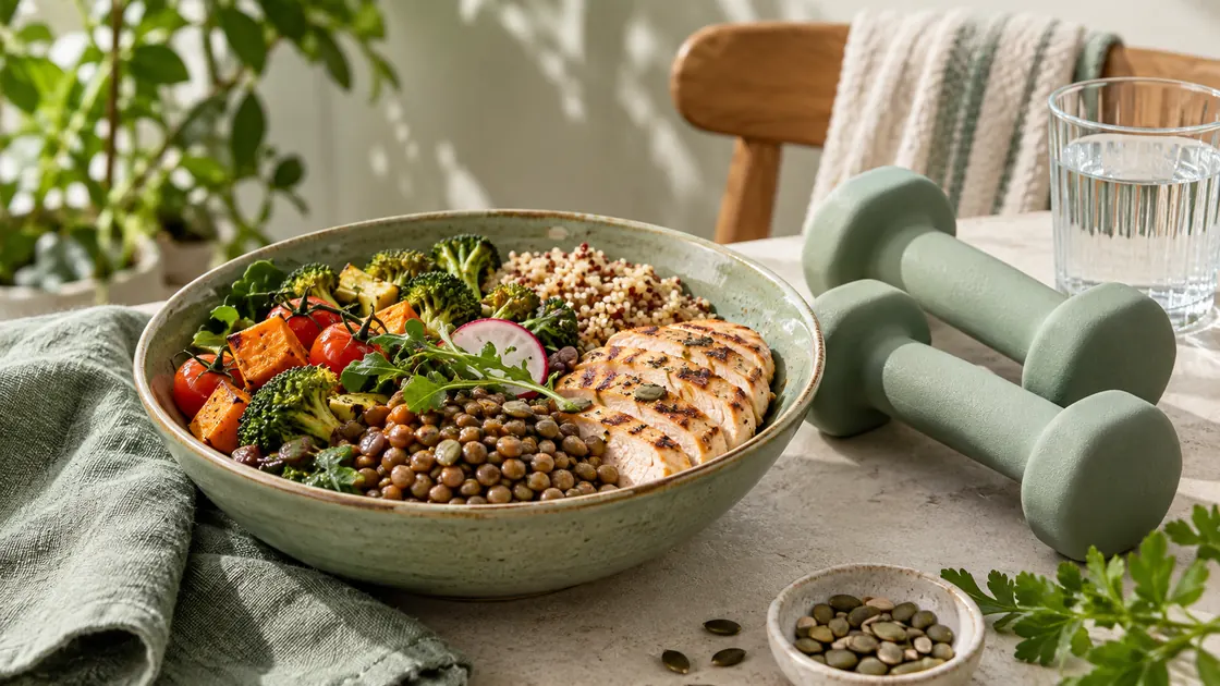 Kaloriendefizit zum Abnehmen – sättigende Mahlzeit mit Gemüse, Linsen und Protein neben Hanteln.
