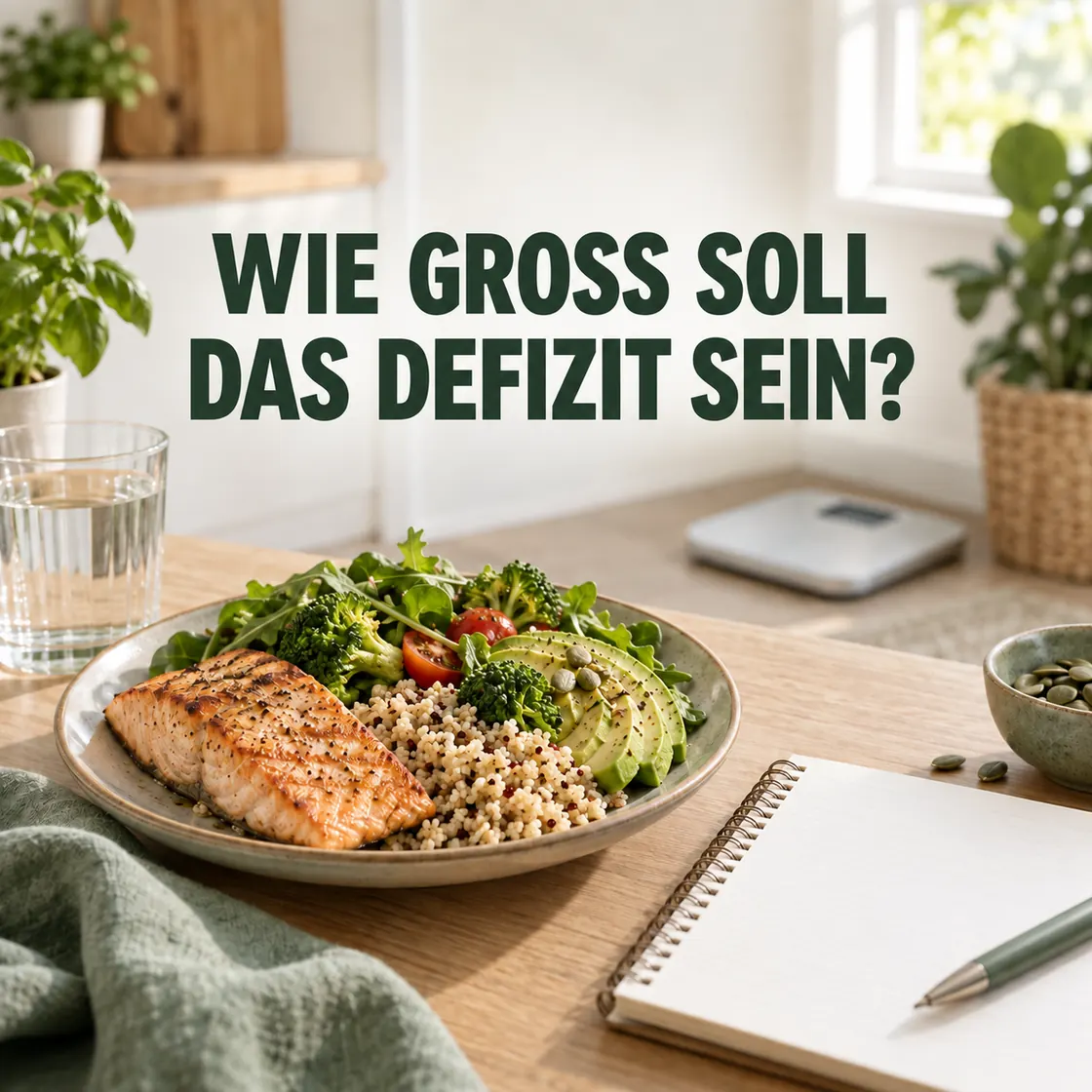 Kaloriendefizit zum Abnehmen – ausgewogene Mahlzeit, Notizbuch und Waage mit zentraler Überschrift.