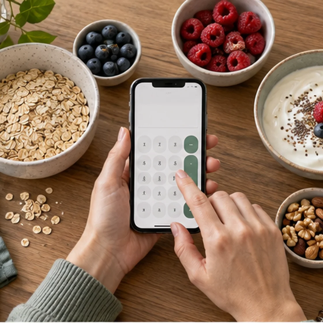 Kalorienrechner zum Abnehmen – Smartphone, Haferflocken, Beeren und Notizbuch