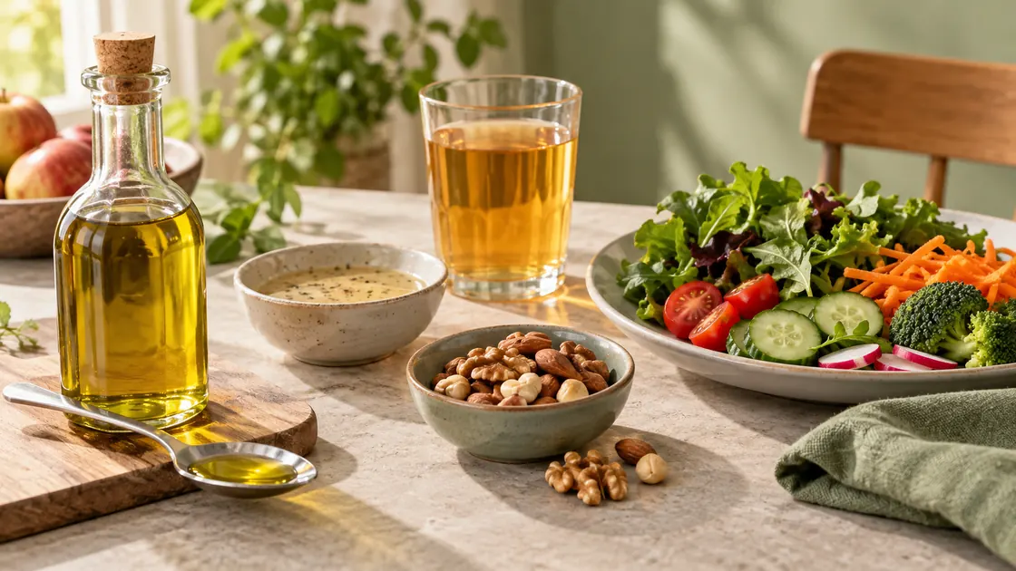 Kalorientabelle zum Abnehmen – Öl, Dressing, Nüsse und Apfelsaft neben einem Gemüseteller.