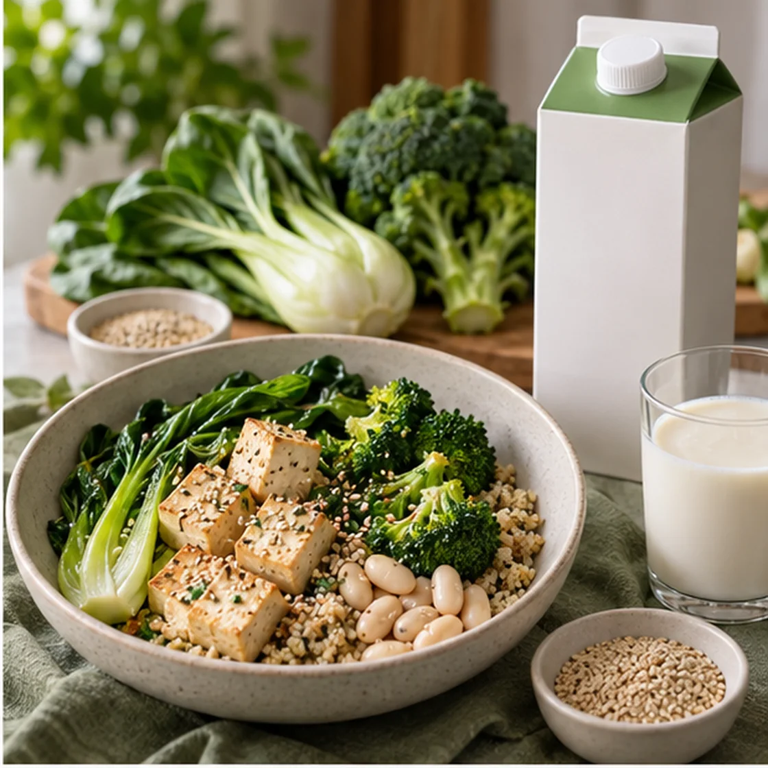 Kalzium Lebensmittel – Tofu, grünes Gemüse, Bohnen und Pflanzendrink
