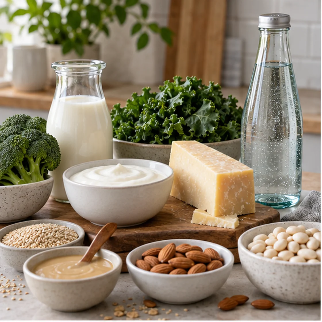 Kalzium Lebensmittel – Milchprodukte, Brokkoli, Sesam, Bohnen und Mineralwasser