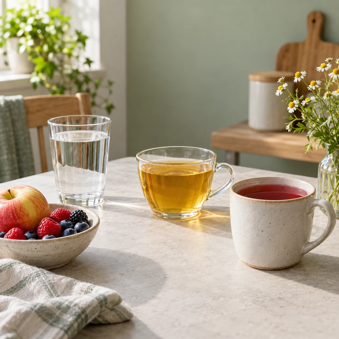 kamillentee gesund: Wasser, Kamillentee und Früchtetee als verschiedene Getränke