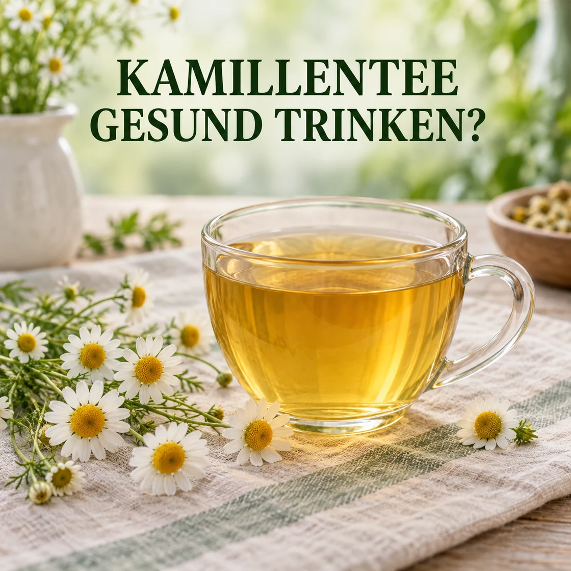 Goldener Tee mit Kamillenblüten und dem Schriftzug KAMILLENTEE GESUND TRINKEN?