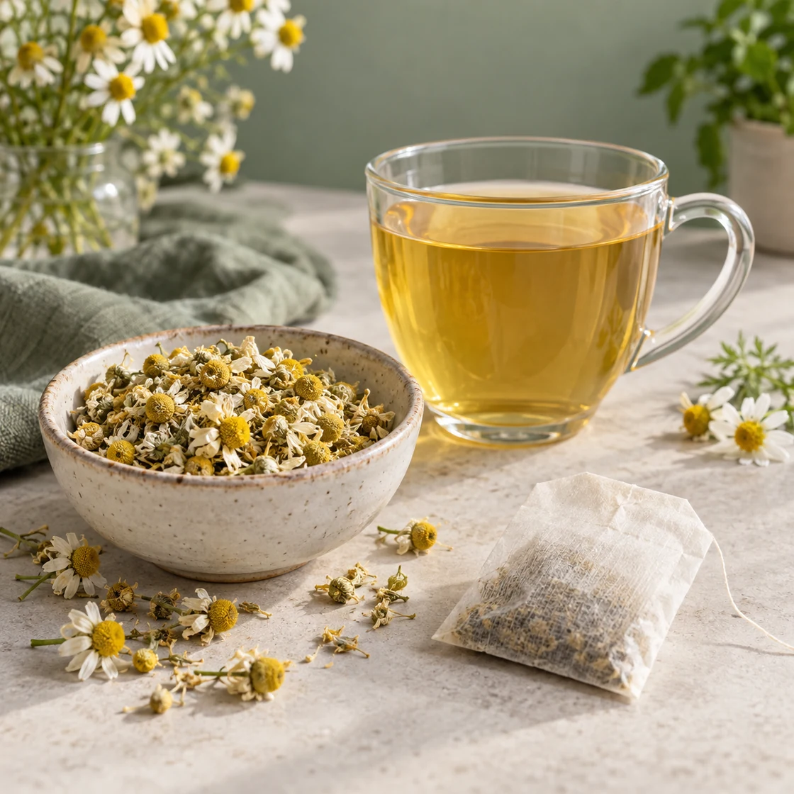 kamillentee gesund: getrocknete Blüten, Teebeutel und ein goldener Aufguss