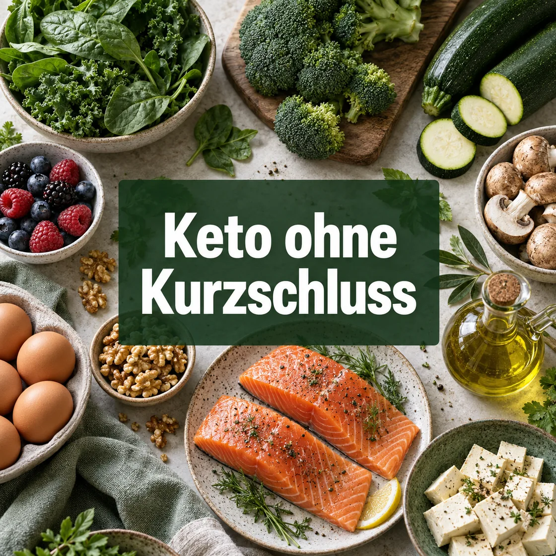 Keto Ernährung mit Gemüse, Lachs, Eiern, Tofu, Nüssen und Olivenöl