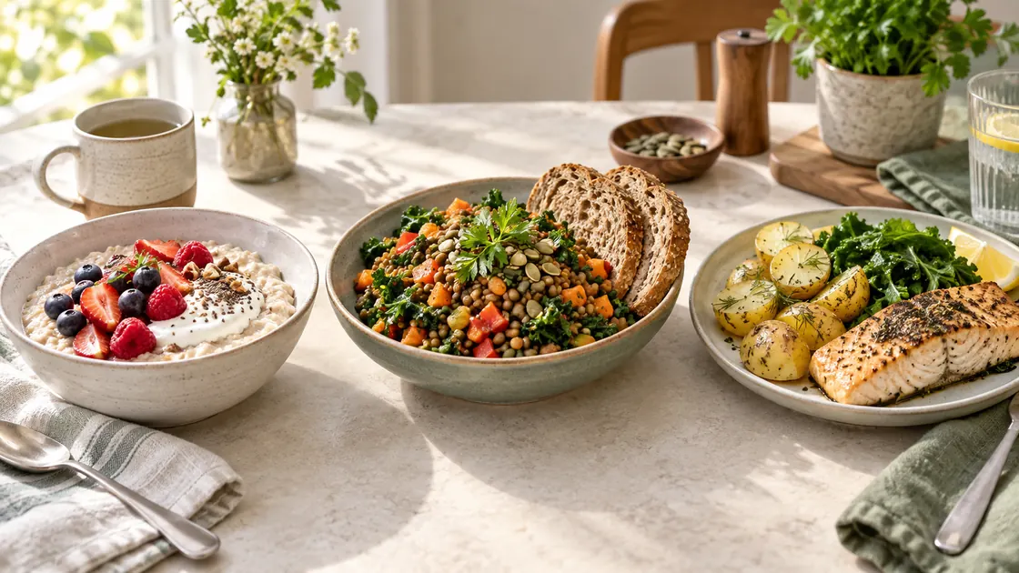 Kohlenhydrate abnehmen – Haferfrühstück, Linsen-Gemüse-Bowl und Kartoffeln mit Gemüse und Fisch.