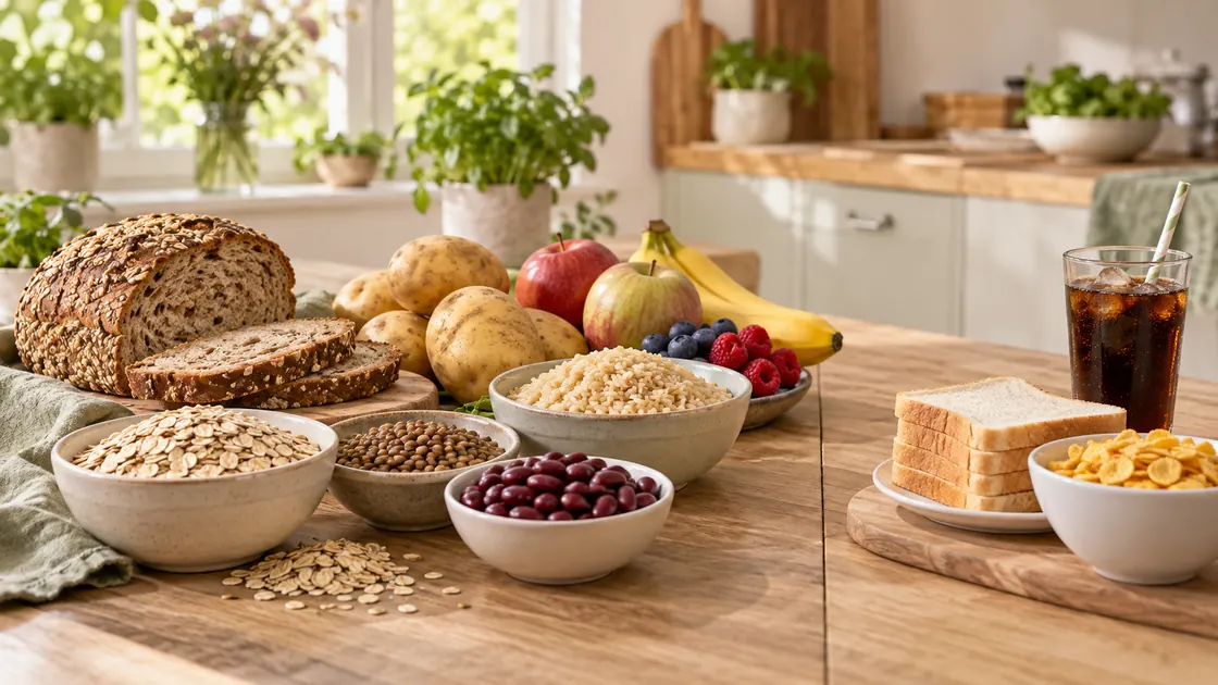 Kohlenhydrate abnehmen – Vollkorn, Hafer, Hülsenfrüchte, Kartoffeln und Obst neben Weißbrot und einem süßen Getränk.