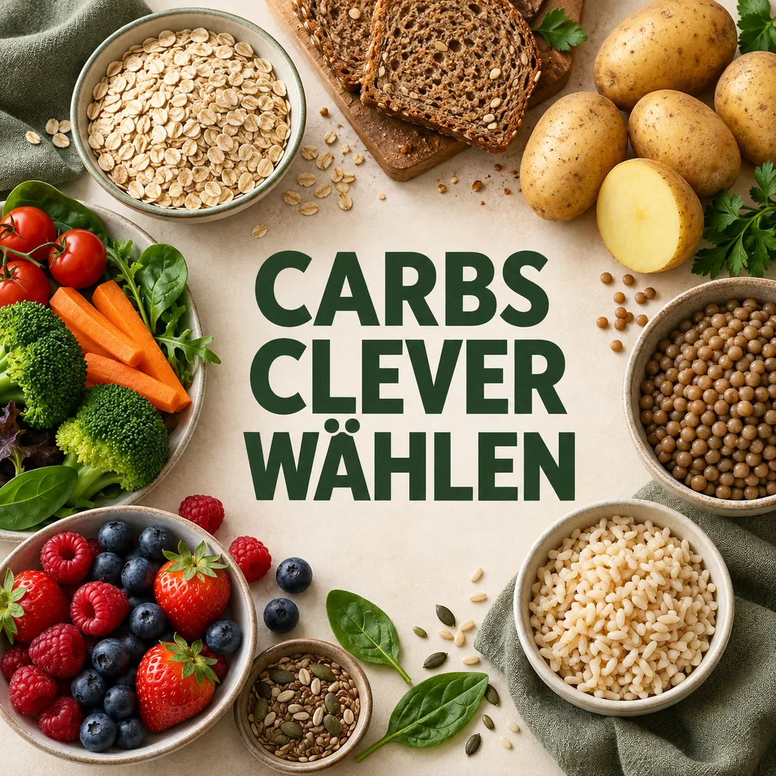 Kohlenhydrate abnehmen – Hafer, Vollkornbrot, Kartoffeln, Linsen, Beeren und Reis mit dem Hinweis Carbs clever wählen.