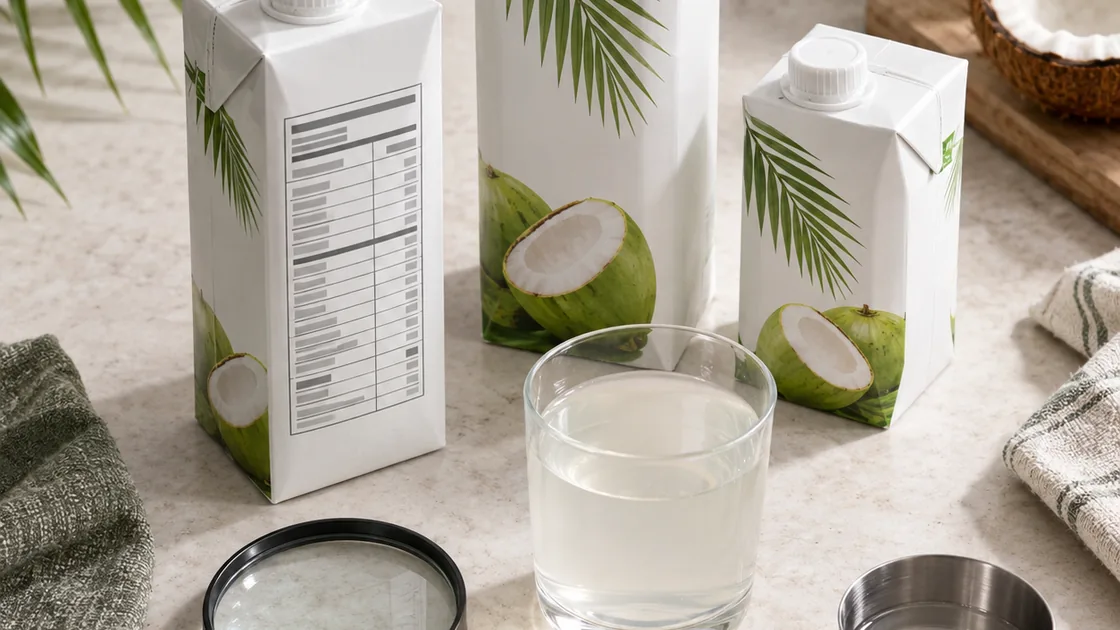kokoswasser gesund – neutrale Getränkepackungen, Nährwertmuster, Messbecher und Lupe