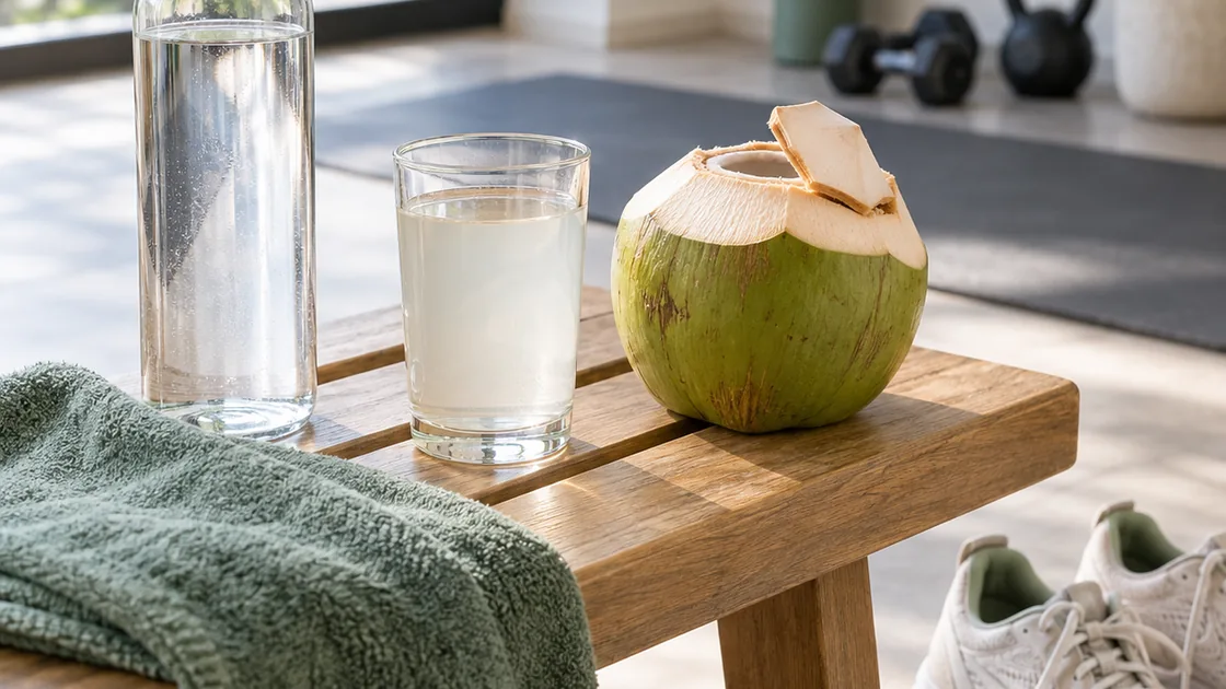 kokoswasser gesund – Wasserflasche, Kokoswasser, Laufschuhe und Handtuch nach dem Sport