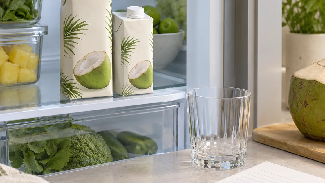 kokoswasser gesund – geöffnete Kokoswasserpackung gekühlt neben sauberem Glas und Notizzettel
