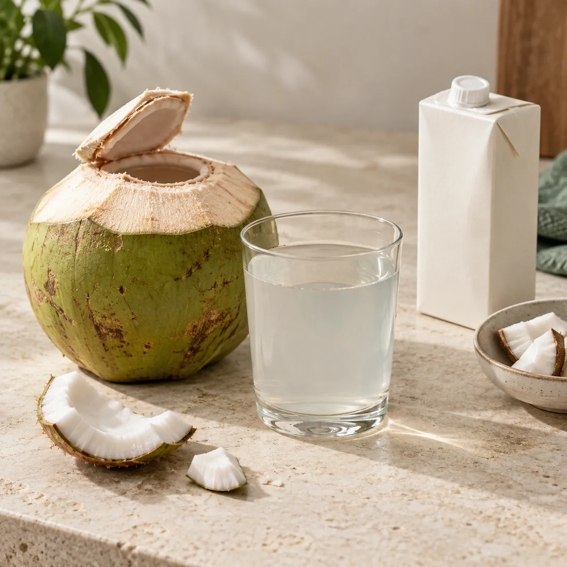 kokoswasser gesund – junge grüne Kokosnuss, klares Kokoswasser und neutrale Verpackung