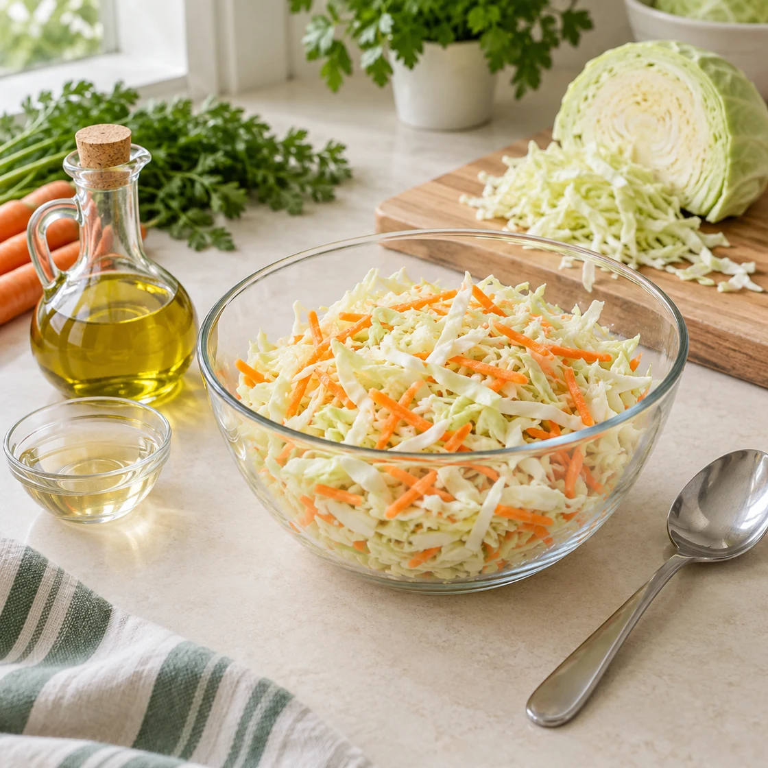 krautsalat gesund: frisch geschnittener Kohl mit Öl und Essig auf einer sauberen Arbeitsfläche