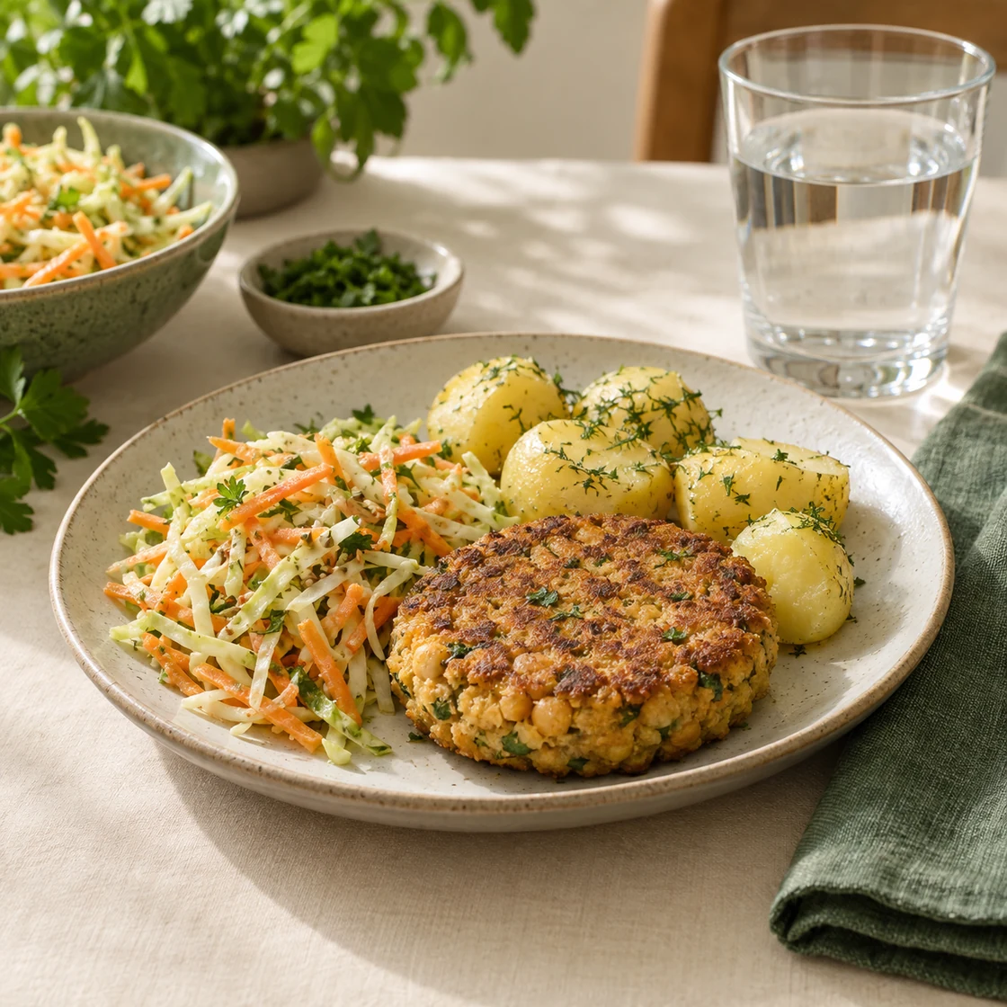 krautsalat gesund: kleine Kohlbeilage mit Kartoffeln und gegartem Kichererbsenbratling