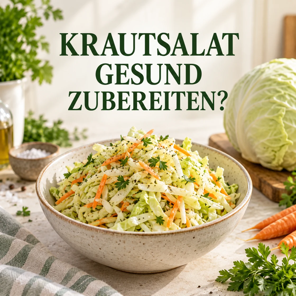 Frischer Kohlsalat mit dem Schriftzug KRAUTSALAT GESUND ZUBEREITEN?