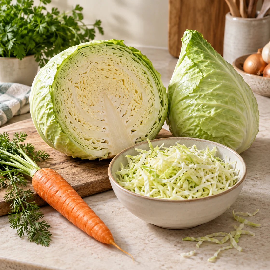 krautsalat gesund: Weißkohl, Spitzkohl, Möhre und fein geschnittener Kohl