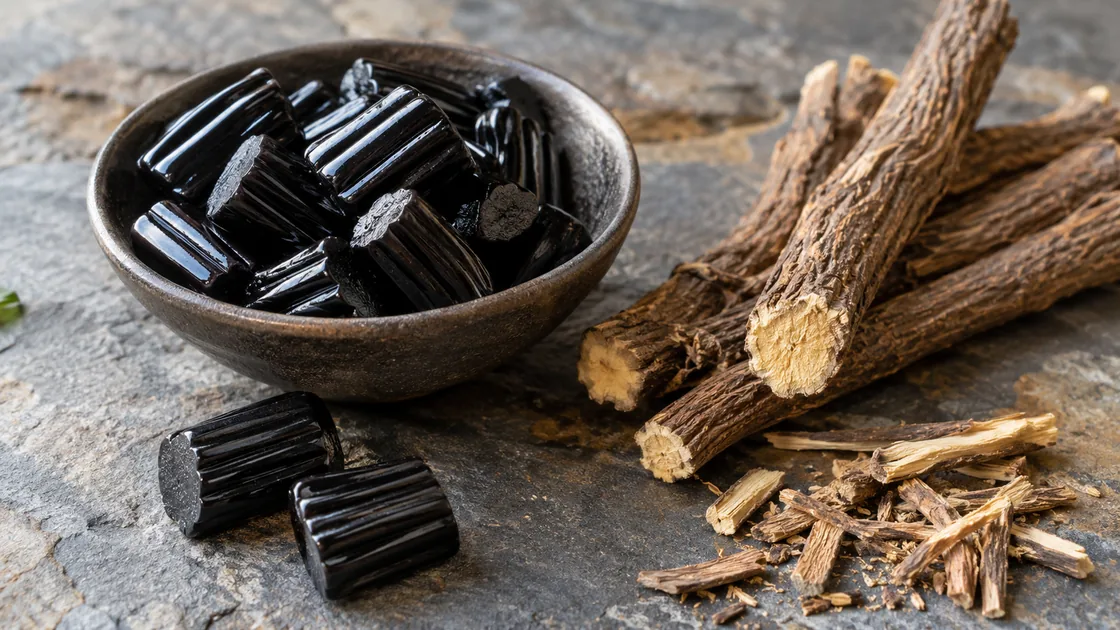 Lakritze gesund: Süßholzwurzeln neben Lakritzbonbons