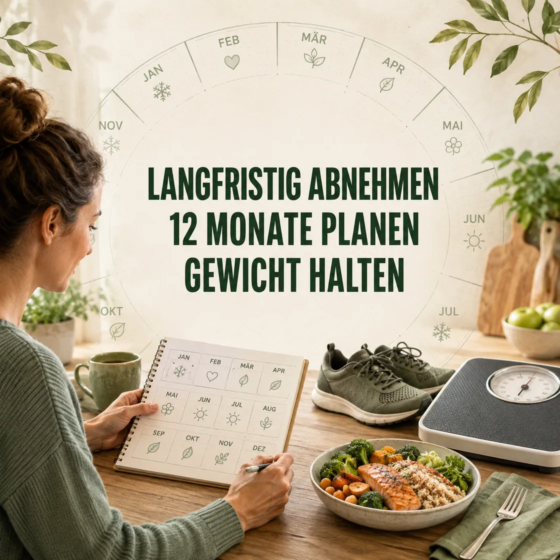 Langfristig abnehmen – eine Frau plant ein Jahr mit Mahlzeiten, Bewegung und Gewichtskontrolle.
