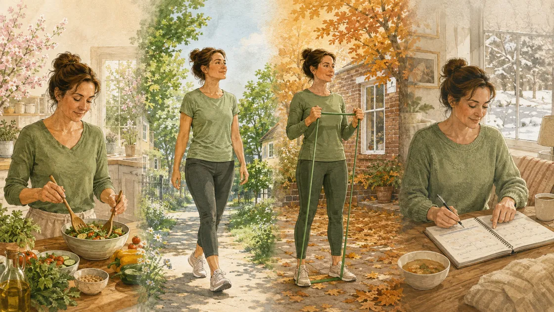 Langfristig abnehmen – eine Frau hält Mahlzeiten, Bewegung und Planung über vier Jahreszeiten aufrecht.