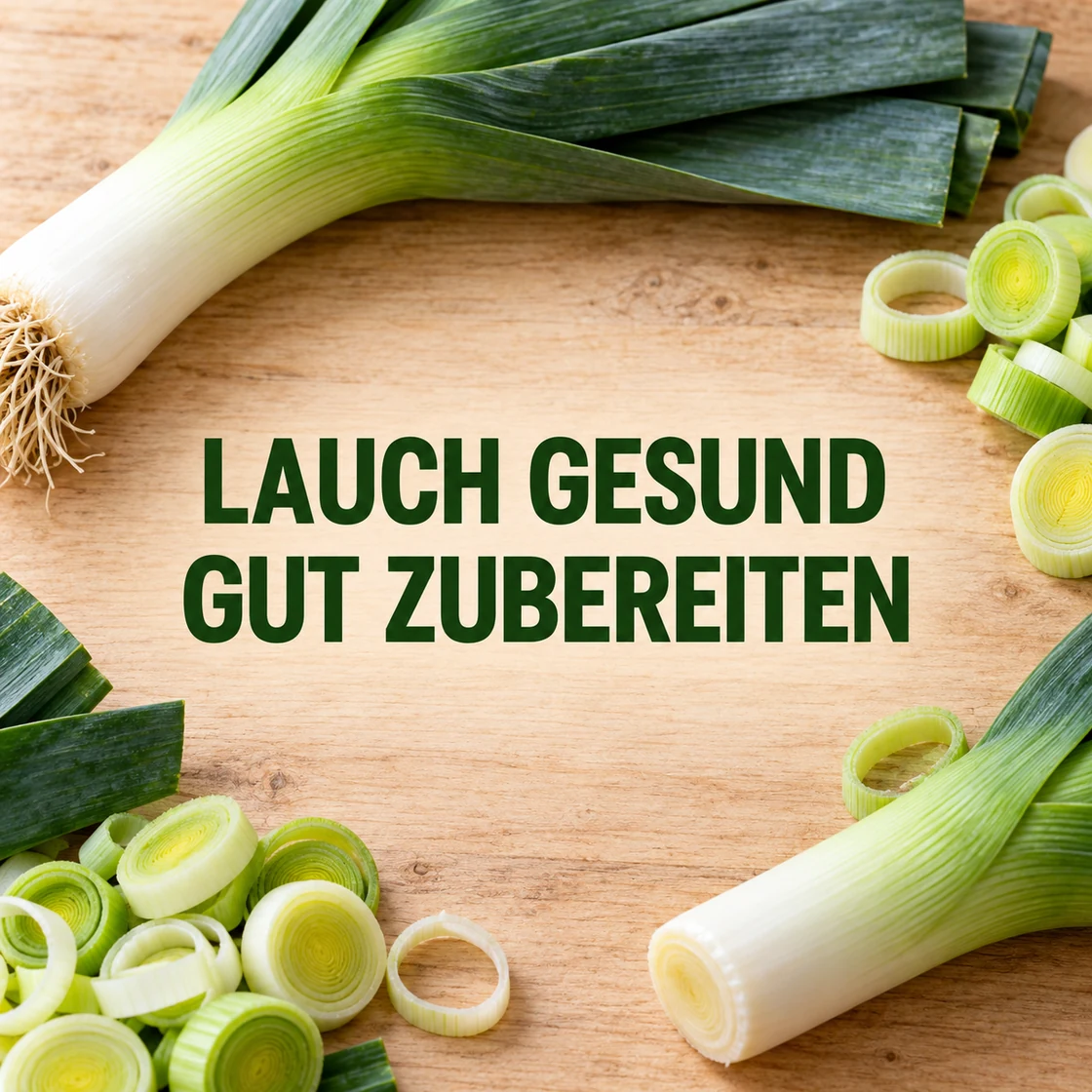 Frischer Porree mit dem Schriftzug LAUCH GESUND GUT ZUBEREITEN