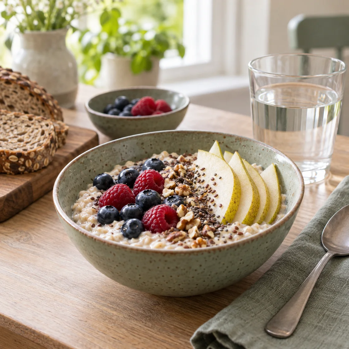 lebensmittel gegen verstopfung – Haferfrühstück mit Beeren, Birne und Wasser
