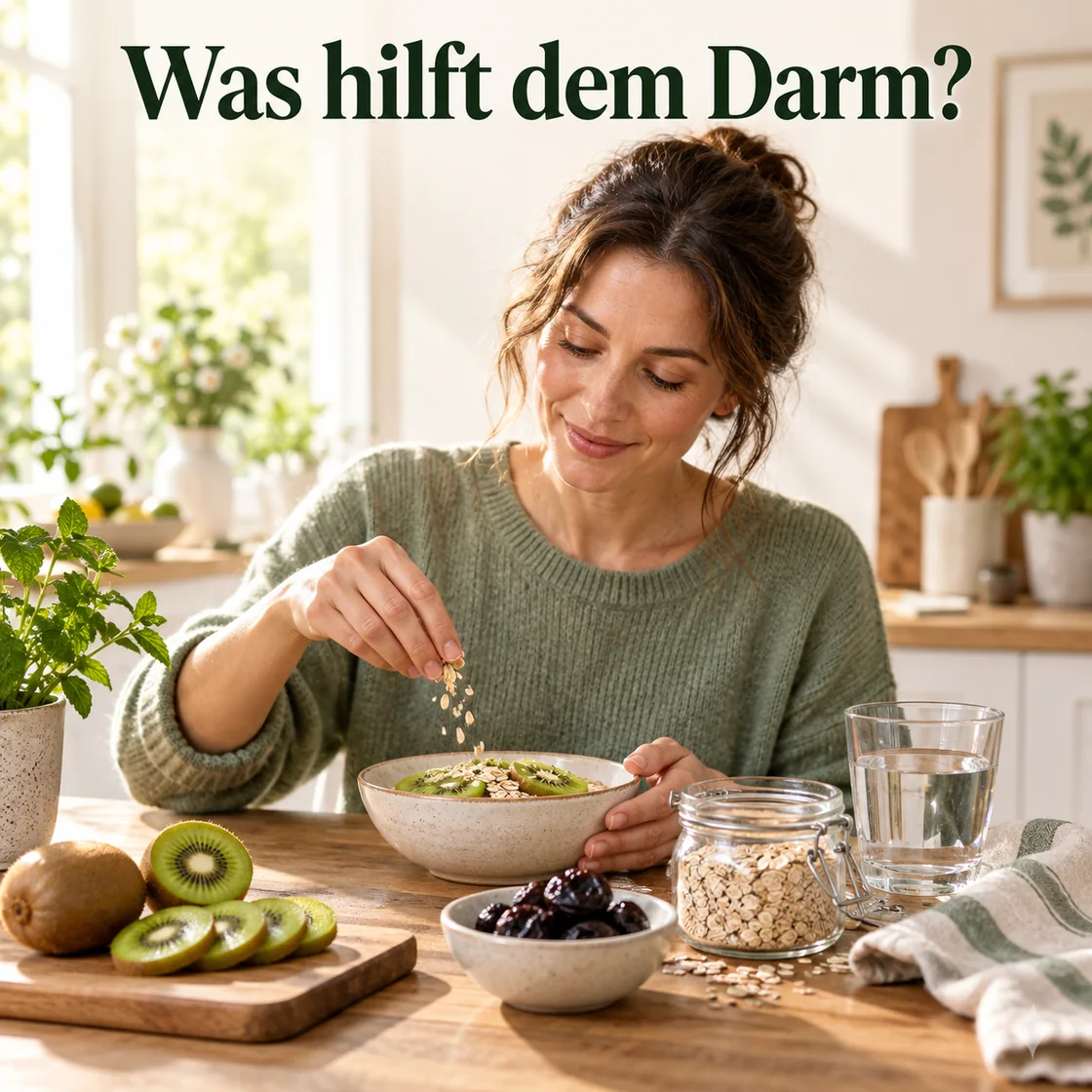 lebensmittel gegen verstopfung – Frühstück mit Kiwi, Hafer, Trockenpflaumen und Wasser