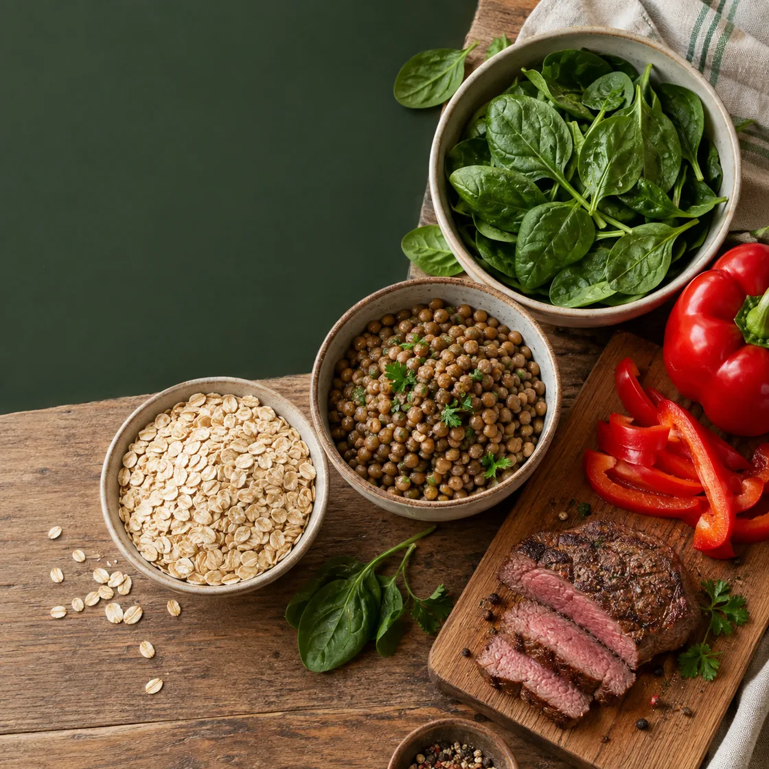lebensmittel mit viel eisen – Hafer, Linsen, Spinat, Paprika und Rindfleisch auf einem Tisch