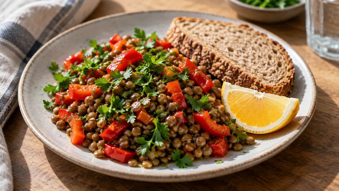 lebensmittel mit viel eisen – Linsensalat mit Paprika, Vollkornbrot und Zitrone