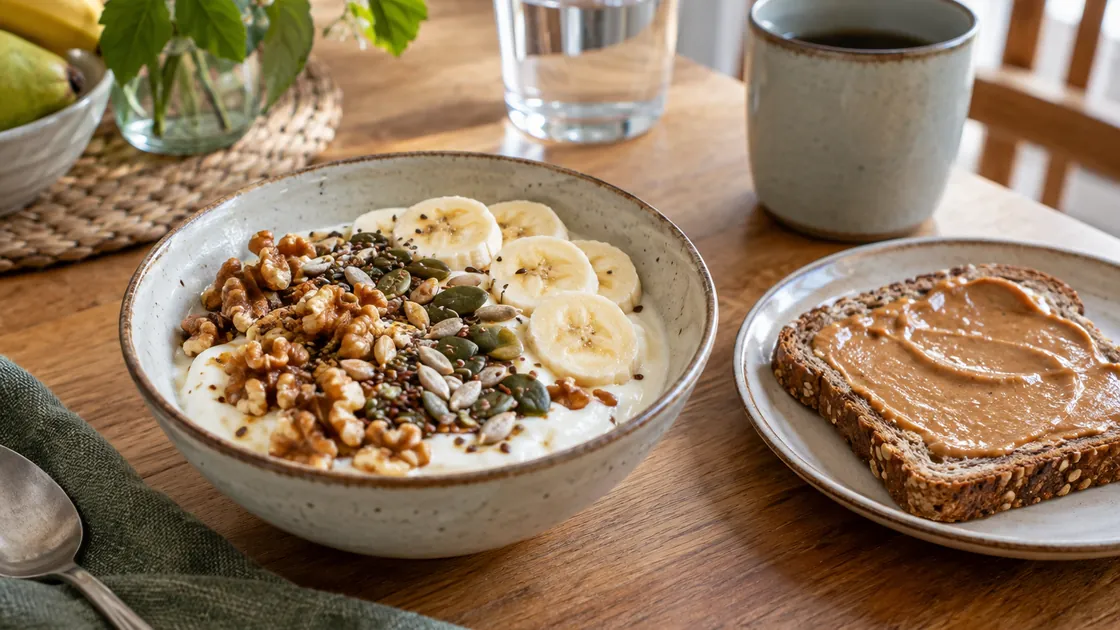 Lebensmittel mit viel Kalorien – kleine Mahlzeit mit Joghurt, Nüssen, Samen und Nussmus.