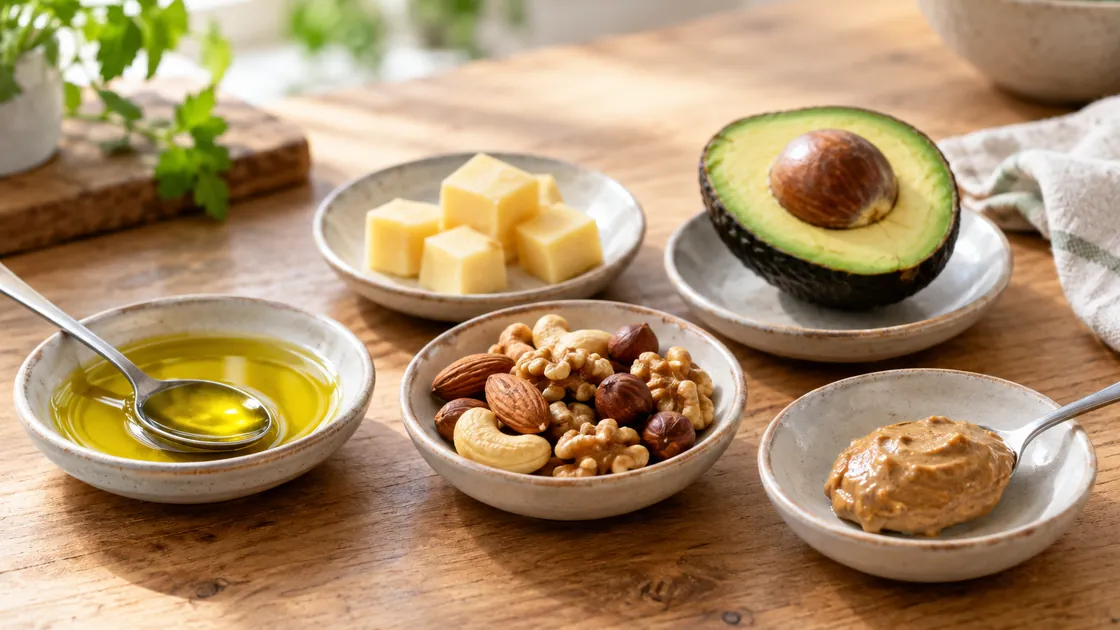 Lebensmittel mit viel Kalorien – kleine Portionen Öl, Nüsse, Nussmus, Käse und Avocado.