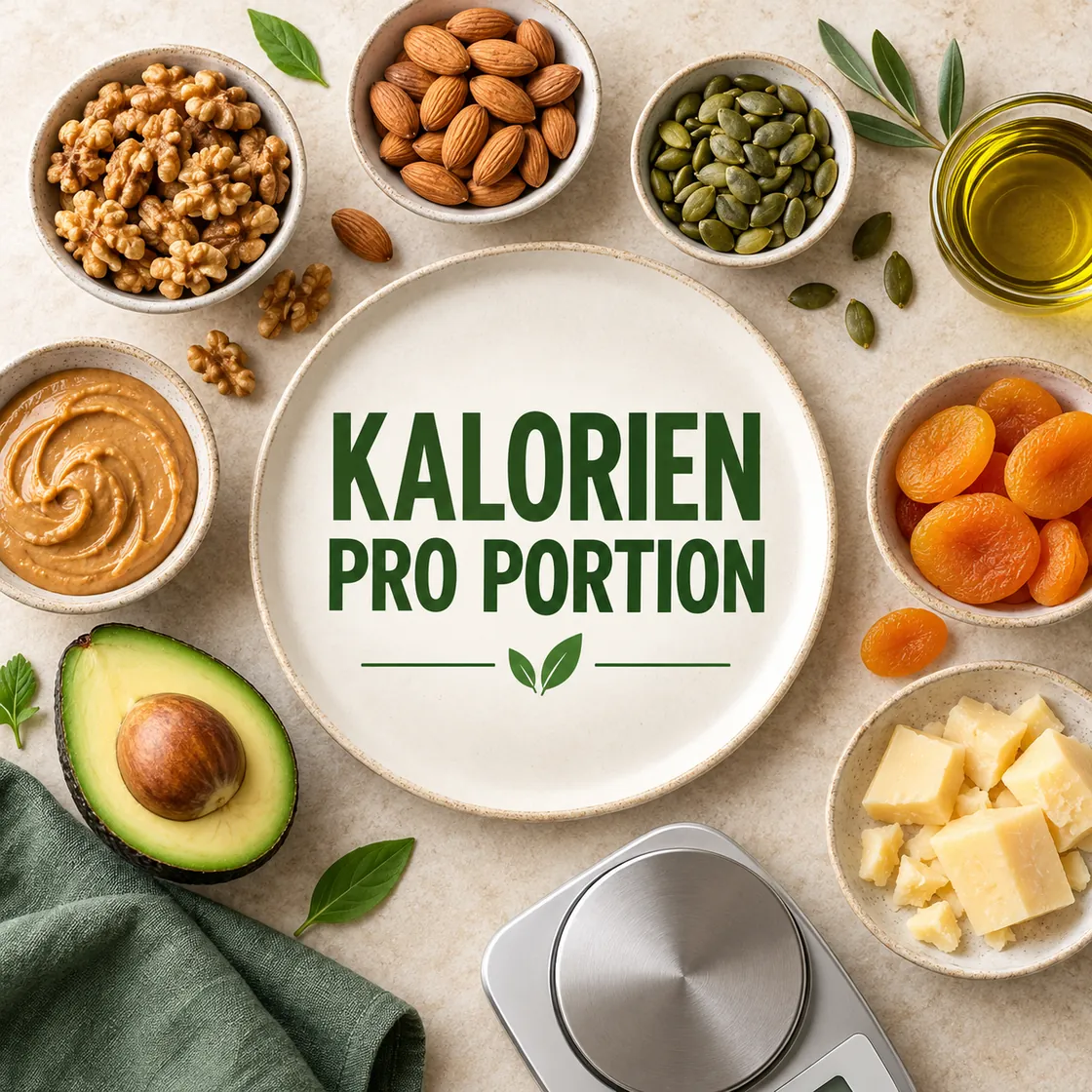 Lebensmittel mit viel Kalorien – Nüsse, Öl, Avocado, Käse und Trockenfrüchte um eine Portion.