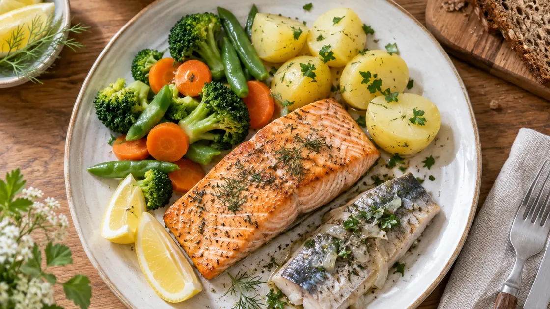 Lebensmittel Schwangerschaft – vollständig gegarter Lachs und Hering mit Gemüse, Kartoffeln und Vollkornbrot.