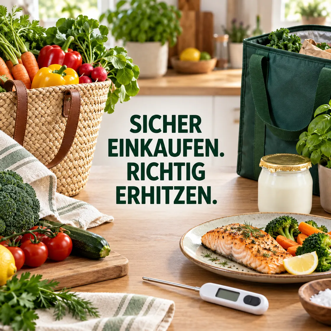 Lebensmittel Schwangerschaft – Einkaufskorb, gegarter Fisch, Gemüse, Kühltasche und Küchenthermometer für sichere Auswahl.