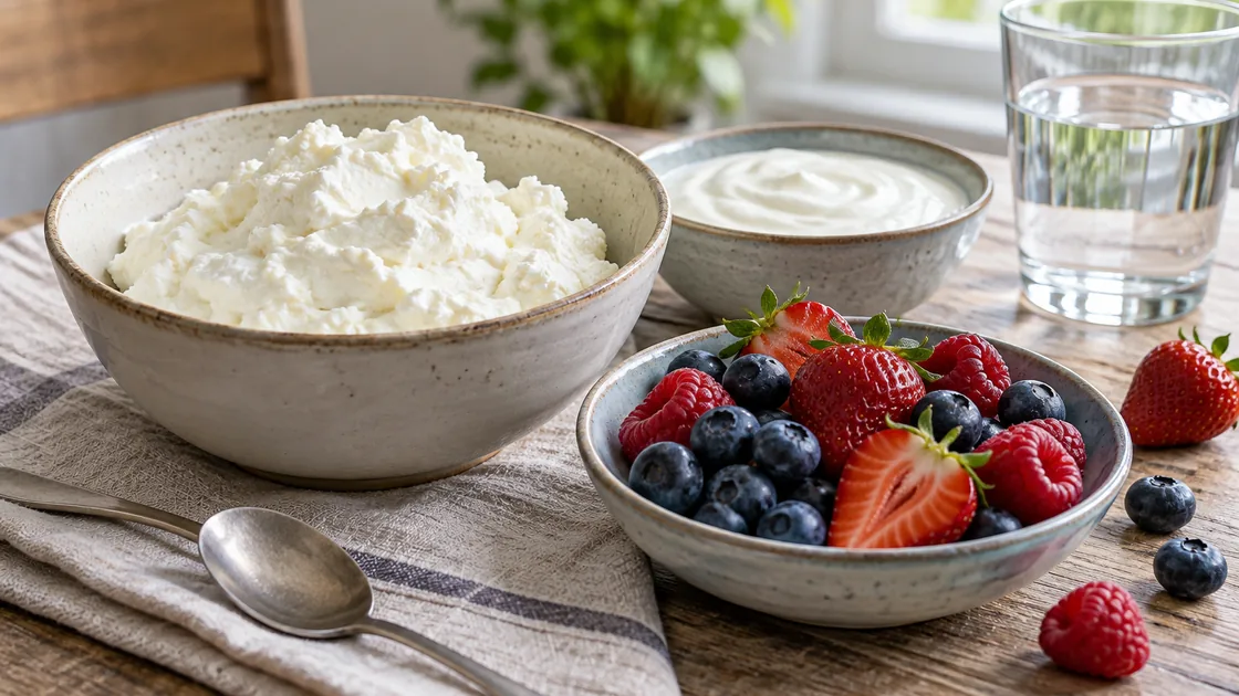 lebensmittel mit viel eiweiß und wenig fett – Naturjoghurt, Quark und Milchprodukte auf einem Tisch