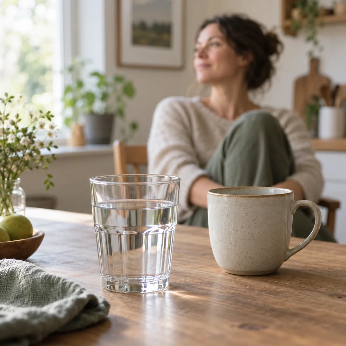 lebensmittelvergiftung hausmittel – Wasserglas und Tasse bei einer Ruhepause