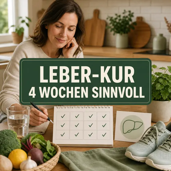Leber entgiften Kur – Frau plant vier alltagstaugliche Wochen mit Kalender, Wasser, Gemüse und Bewegung.