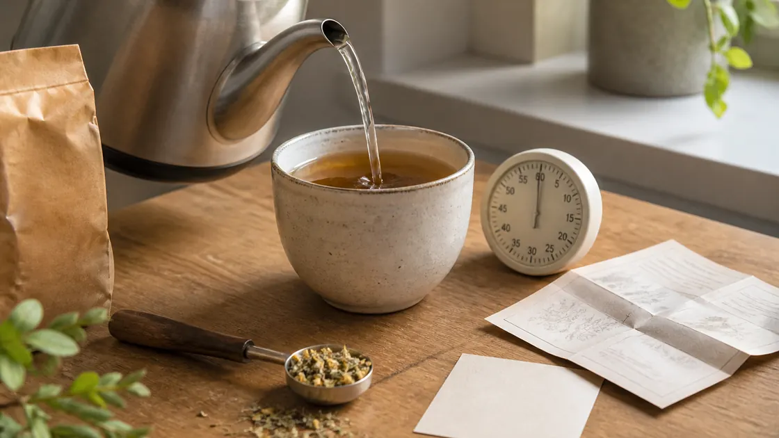 Leber entgiften Tee – Kräuter, Wasser, Timer und Packungsinformation für eine genaue Zubereitung.