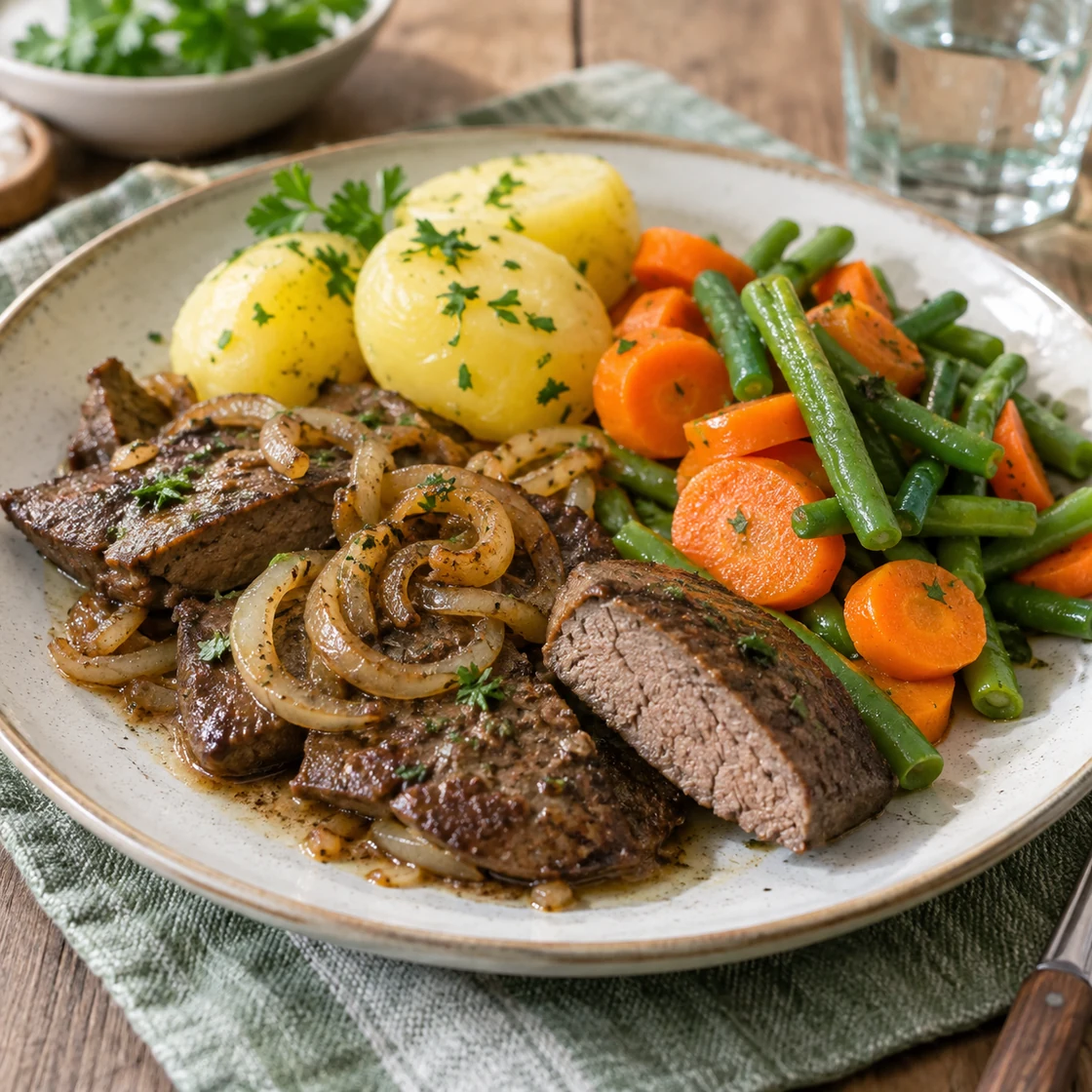 leber essen gesund: durchgegarte Leber mit Kartoffeln, Möhren und grünen Bohnen
