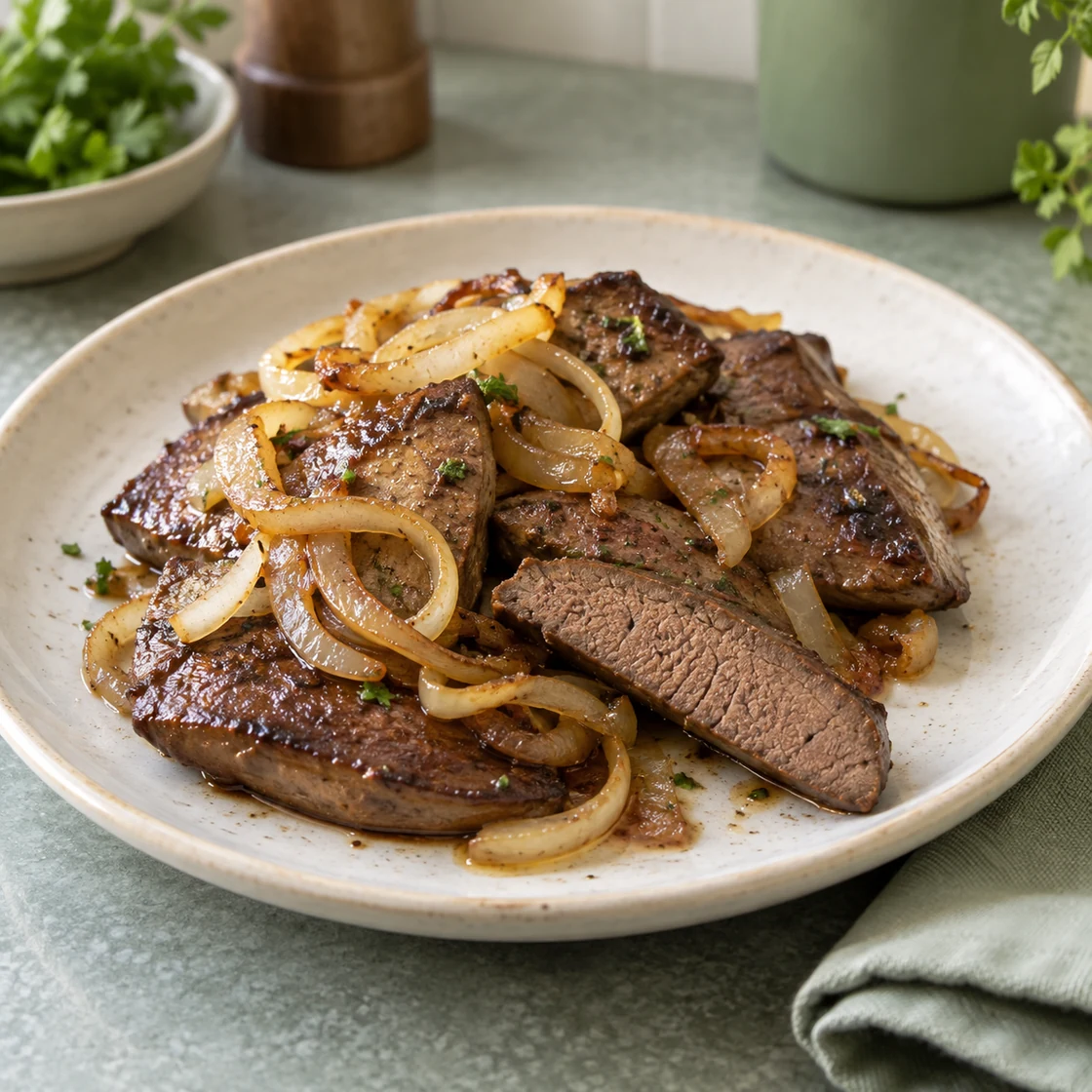 leber essen gesund: vollständig gegarte braune Leberscheiben mit Zwiebeln