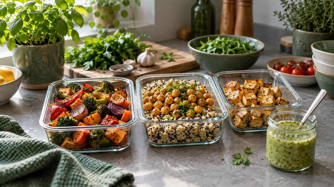 Leichtes Essen zum Abnehmen – vorbereitete Portionen mit Gemüse, Getreide, Kichererbsen, Tofu und Dressing.