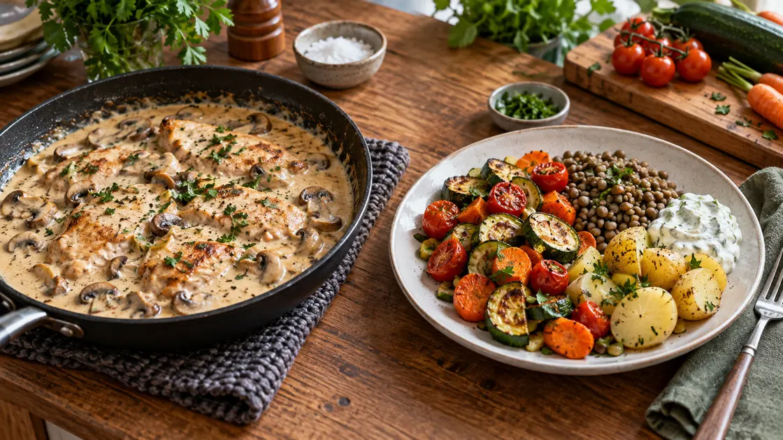 Leichtes Essen zum Abnehmen – eine cremige Pfanne neben Gemüse, Linsen, Kartoffeln und Kräuterdip.